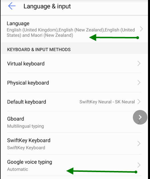 Android system settings for speech and voice recognition - Speaking Email